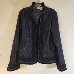 Emma James Black Denim, Mandarin Collar, Velvet Trim LS Jacket Sz 6